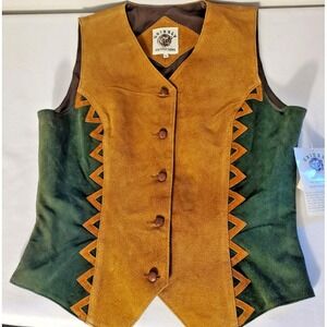 GRIZZLY Outfitters Brown/ Green‎ Leather Western Cowboy Vest Size L NWT
